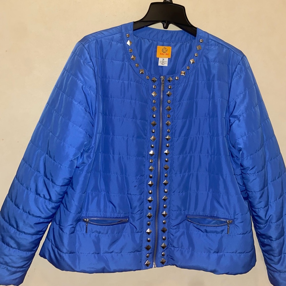 Ruby Rd. Electric Blue Quilted Puffer Jacket with Stud Trim